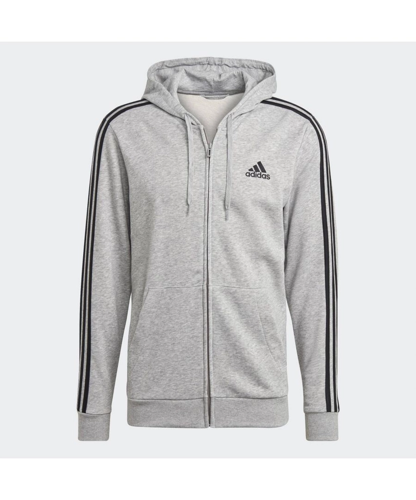 Adidas Originals Mens Essentials French Terry 3-Stripes Full-Zip Hoodie - Light Grey Cotton - Size X-Small